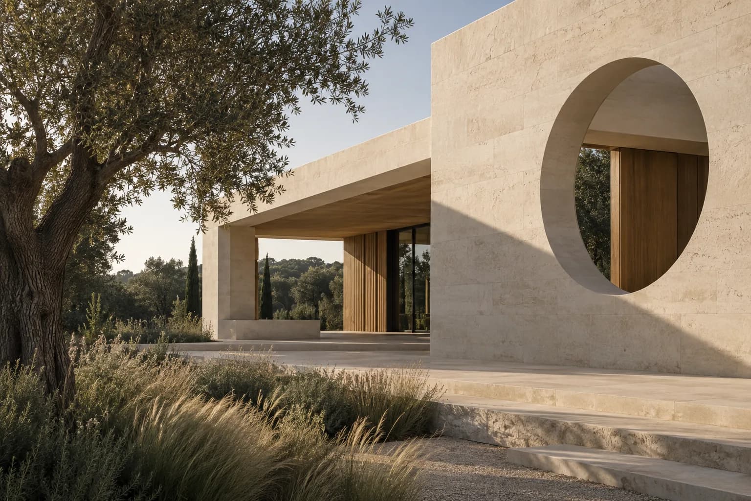 Architecture en pierre claire et ouverture circulaire, image de concept
